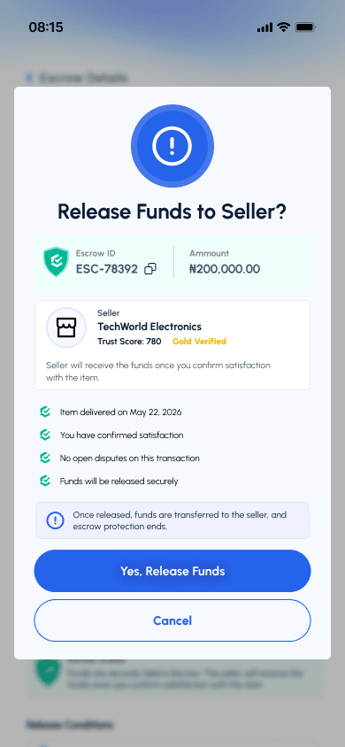 TrustBridge escrow confirmation screen in the app