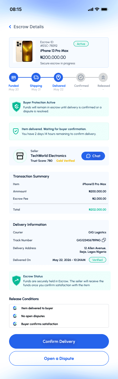 TrustBridge escrow details with buyer protection and delivery tracking